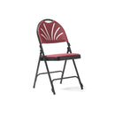 Four Dams Spira Steel Folding Chairs with fabric seats and backs, stacked together, ideal for versatile seating.