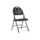Set of four Dams Spira Steel Folding Chairs with fabric seats and backs, neatly stacked for storage.
