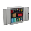 TC Steel double door cupboard in grey with open doors showing interior storage and shelves, ideal for kitchen or office use.
