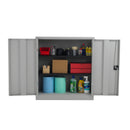 Open grey TC Steel double door cupboard showing shelves and interior storage space.
