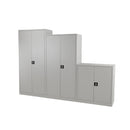 Gray TC Steel double door cupboard showing sturdy metal doors and sleek design for storage and organization.