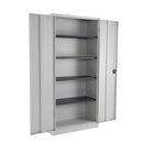 Open grey TC Steel double door cupboard showing interior shelves and sturdy metal construction.