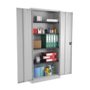 Front view of TC Steel Double Door Cupboard in grey, showing open double doors and interior shelves for storage.
