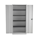 Open view of TC Steel Double Door Cupboard in grey showing interior shelves and sturdy metal construction.
