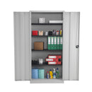 Open grey TC Steel Double Door Cupboard showcasing shelves and sturdy metal construction.