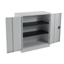 Open view of TC Steel double door cupboard in white, showing internal shelves and sturdy metal construction.