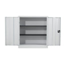 White TC Steel Double Door Cupboard with open doors, showing internal shelves and sturdy construction.