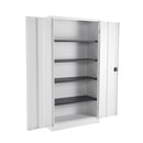 Double door cupboard in white by TC Steel, shown open to reveal interior storage and adjustable shelves.