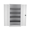 Open view of TC Steel Double Door Cupboard in white showing shelves and interior storage space.