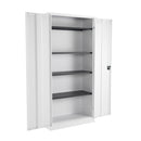 White TC Steel Double Door Cupboard with open doors, showcasing spacious interior and sturdy construction.