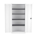 Open view of TC Steel Double Door Cupboard in white, showing interior shelving and double doors for storage.