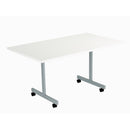 White One Eighty rectangular tilting table by TC with adjustable height and sturdy metal frame, shown from front angle.
