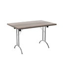 Grey oak folding rectangular table by TC, 1200mm x 700mm, lightweight and portable with sturdy metal legs.