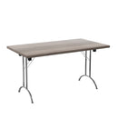 Gray oak folding rectangular table by TC, with sturdy metal legs and smooth surface, ideal for versatile indoor use.