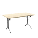 Rectangular folding table in maple finish with TC brand, showing sturdy metal legs and smooth surface for versatile use