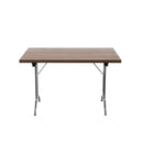 Walnut-colored TC One Union rectangular folding table with sturdy metal legs, ideal for versatile indoor and outdoor use.