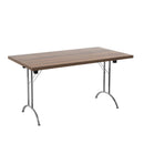 Rectangular walnut folding table by TC, with sturdy metal legs and smooth surface, ideal for versatile use.