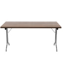 Walnut folding rectangular table by TC, with sturdy metal legs and smooth surface, ideal for versatile use in home or office.