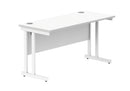 Front view of TC Core Twin Upright 600mm deep rectangular desk in Arctic White with clean, modern design and spacious workspace.