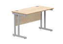 Front view of TC Core Twin Upright 600mm deep rectangular desk in Canadian Oak with a modern design and spacious workspace.