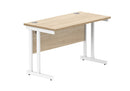 Front view of a TC Core Twin Upright 600mm deep rectangular desk in Canadian Oak finish, showcasing the clean wood surface and sturdy design.