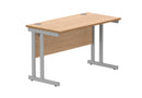 Front view of TC Core Twin Upright rectangular desk in Norwegian Beech with 600mm deep surface and modern design.