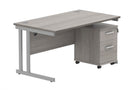 Front view of TC Core Twin Upright Rectangular Desk Bundle with 2-drawer pedestal in Alaskan Grey Oak finish.