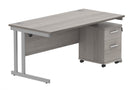 Core Twin upright rectangular desk bundle in Alaskan Grey Oak with 2-drawer pedestal from TC, showing the front view with clean lines and workspace.