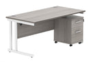 Core Twin upright rectangular desk bundle with 2-drawer pedestal in Alaskan Grey Oak finish, by TC, front view image.