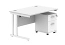 Core Twin upright rectangular desk bundle with two drawer pedestal in Arctic White by TC, showing the front view with clean, modern design.