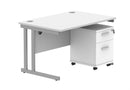 Core Twin upright rectangular desk bundle with two drawer pedestal in Arctic White by TC, shown from front angle.