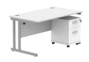 Core Twin upright rectangular desk bundle with two drawer pedestal in Arctic White by TC, showing the front view of the workspace.