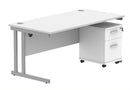 Core Twin Upright rectangular desk bundle with 2 drawer pedestal in Arctic White by TC, shown from front angle.