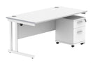 Core Twin Upright Rectangular Desk Bundle with 2 drawer pedestal in Arctic white by TC, shown from front angle.