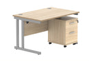 Canadian Oak Core Twin Upright Rectangular Desk bundle with two drawer pedestal, by TC, featuring spacious work surface and storage.