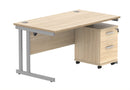 Front view of TC Core Twin Upright Rectangular Desk with Canadian Oak finish and two-drawer pedestal in a modern office setup.