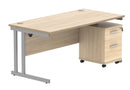 Core Twin upright rectangular desk bundle with Canadian Oak finish and two-drawer pedestal, by TC, front view.