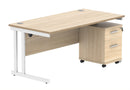 Canadian Oak Core Twin Upright Rectangular Desk Bundle with 2-drawer pedestal, by TC, shown from front with clean workspace.