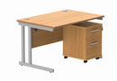 TC Core Twin upright rectangular desk bundle with Norwegian Beech finish, featuring a 2-drawer pedestal and modern office design.