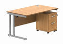 Front view of TC Core Twin upright rectangular desk bundle with Norwegian Beech finish and two-drawer pedestal.