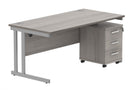 Core Twin upright rectangular desk with 3-drawer pedestal in Alaskan Grey Oak by TC, showing the front view with clean lines and workspace.