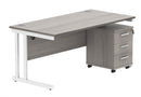 Core Twin upright rectangular desk bundle with 3-drawer pedestal in Alaskan Grey Oak, featuring a modern workspace design.