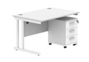 Core Twin upright rectangular desk in Arctic White with 3-drawer pedestal, front view, by TC, showcasing clean modern office furniture.