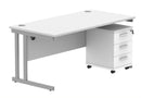 Core Twin upright rectangular desk bundle with 3-drawer pedestal in Arctic White, featuring a sleek, modern office workspace.