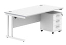Core Twin upright rectangular desk bundle by TC in Arctic White with three-drawer pedestal, showing the front view of the workspace.