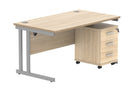 Core Twin upright rectangular desk bundle with 3-drawer pedestal in Canadian Oak by TC, shown from the front.