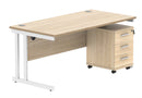 Core Twin upright rectangular desk bundle with 3-drawer pedestal in Canadian Oak by TC, showing the front view with spacious work surface.