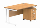 Front view of TC Core Twin upright rectangular desk in Norwegian Beech with 3-drawer pedestal and clean modern design