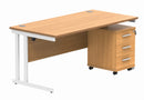 TC Core Twin upright rectangular desk with Norwegian Beech finish and 3-drawer pedestal, shown from front angle.