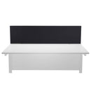 Black straight upholstered desktop screen by TC, front view showing padded fabric surface and sleek design for office privacy.
